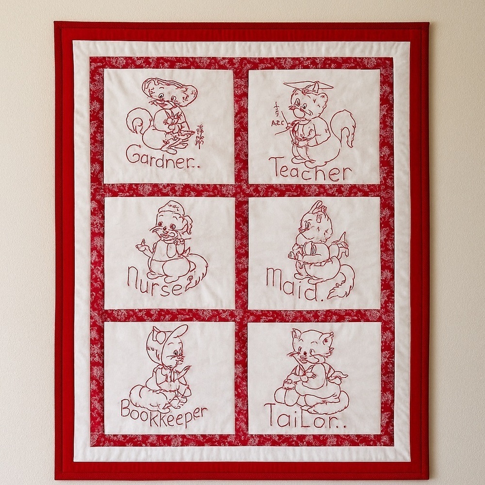 Hand-Embroidered Redwork Quilt – “Career Cats” Theme – 6 Panels